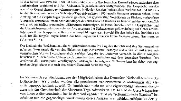 Stellungnahme zu "Adventisten und Lutheraner im Gespräch" zwischen LWB und Generalkonferenz der Siebenten-Tags-Adventisten