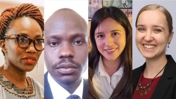 Podiumsteilnehmende von links nach rechts: Paddy Siyanga Knudsen, leitende Koordinatorin der Afrikanischen Plattform nichtstaatlicher Akteure zu Migration und Entwicklung, George Ocen, Advocacyreferent bei LWB-Uganda, Johanna Morales, Koordinatorin des Seelsorgebüros für Flüchtlinge der Evangelisch-Lutherischen Kirche Kolumbiens, und Kathy Parsons, Programmdirektorin für Migrationspolitik bei der Evangelisch-Lutherischen Kirche in Amerika. Foto: Zusammengestellt von Johanan Celine Valeriano