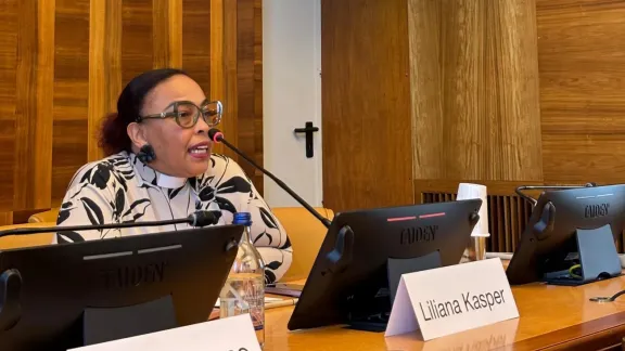 Pfarrerin Lilana Kasper, Exekutivdirektorin der LUCSA, spricht bei der Veranstaltung Faith and Feminism bei den Vereinten Nationen in Genf. Foto: LDS Charities/M. Matthews