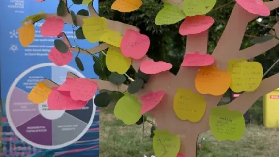 Am „Baum der starken Wurzeln“ des LWF wurden die Gedanken der Besucher zum diesjährigen Thema auf bunte, apfelförmige Blätter geschrieben, die nach und nach die Zweige des Baumes füllten. Foto: LWB Prag