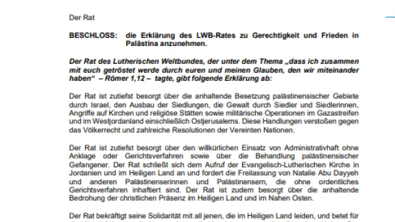 Stellungnahme: die Erklärung des LWB-Rates zu Gerechtigkeit und Frieden in Palästina anzunehmen