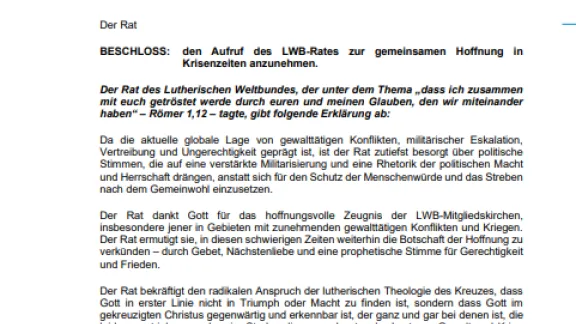 Aufruf des LWB-Rates zur gemeinsamen Hoffnung in Krisenzeiten