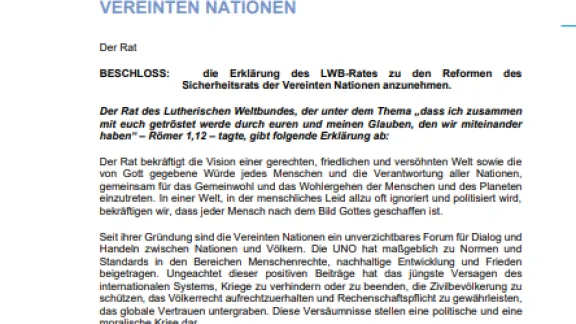 Stellungnahme: die Erklärung des LWB-Rates zu den Reformen des Sicherheitsrats der Vereinten Nationen anzunehmen
