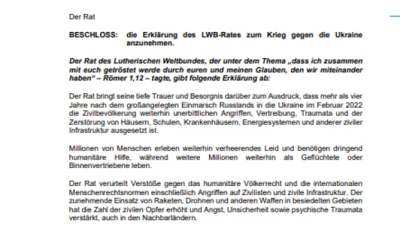 Stellungnahme: die Erklärung des LWB-Rates zum Krieg gegen die Ukraine anzunehmen.
