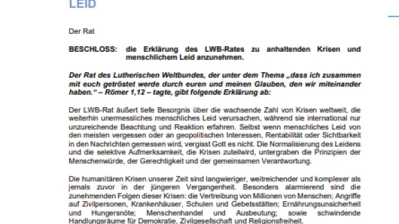Stellungnahme: Die Erklärung des LWB-Rates zu anhaltenden Krisen und menschlichem Leid anzunehmen