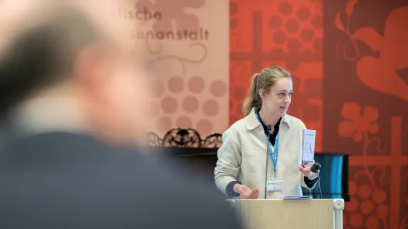 8 October 2026, Augsburg, Germany: Christina Kwade of the Evangelical Lutheran Church in Bavaria introduces a session on the Augsburg Confession at the Lutheran World Federation (LWF) European Regions Meeting held in Augsburg, Germany, 6-9 October 2026 under the theme Bond of Peace. Photo: LWF/Albin Hillert